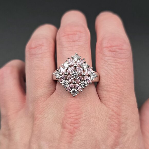 Size 11.75 Sterling Silver Pink And Clear Cubic Zirconia Gems Ring A6450 - Picture 4 of 9